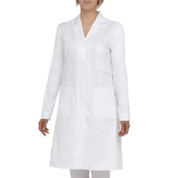 A white lab coat with a collar and long sleeves, featuring two front pockets and a button closure.