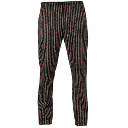 A pair of black pants with vertical stripes and red floral patterns, featuring an elastic waistband.