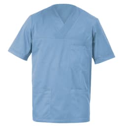 A blue Alberto Tunic featuring short sleeves and multiple pockets. The design includes a v-neckline and a logo.