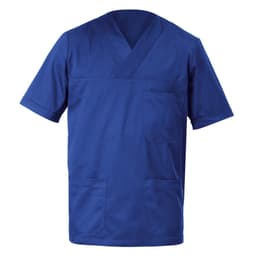 A blue tunic featuring a V-neck, short sleeves, and multiple pockets. It has a logo on the fabric.