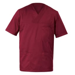 A burgundy tunic with short sleeves and multiple pockets, featuring a simple collar and a logo.