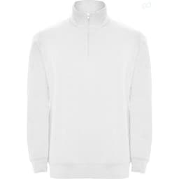 A white half zip sweatshirt with a high collar and long sleeves, featuring a logo on the front.