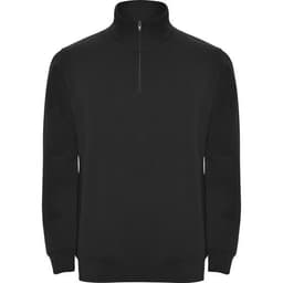 A black half zip sweatshirt with long sleeves and a stand collar design. It features a logo on the front.