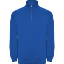 A vibrant blue half zip sweatshirt with a high collar and long sleeves, featuring a logo on the front.