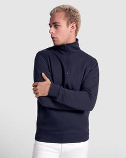 A navy half zip sweatshirt featuring a high collar and a fitted design, suitable for casual wear.