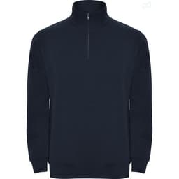 A navy blue half zip sweatshirt with long sleeves and a high collar, featuring a small zip at the neck and a logo.