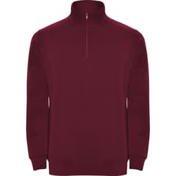 Burgundy half zip sweatshirt with a pullover design and a collar. Features a small logo on the front.