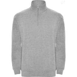 A grey half zip sweatshirt featuring a high collar and long sleeves, with a logo on the chest.
