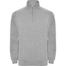 A grey half zip sweatshirt featuring a high collar and long sleeves, with a logo on the chest.