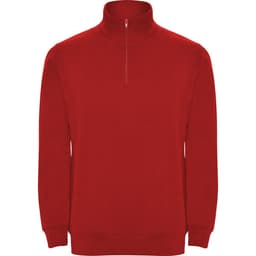 A red Aneto Half Zip Sweatshirt featuring a high collar and a half zip design, also has a logo.