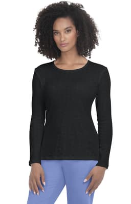 A black long-sleeve tee with a scoop neckline, featuring a subtle texture and a fitted style.
