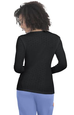 A long-sleeve tee in black, featuring a patterned design on the back and casual fit with a rounded neckline.