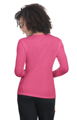 A long-sleeve tee in vibrant pink with a textured pattern and a crew neck design. It has a logo on the back.