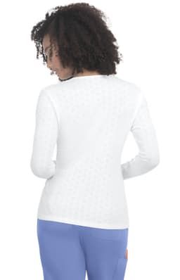 A white long-sleeve tee with a textured pattern, featuring a back view and a curved hem.