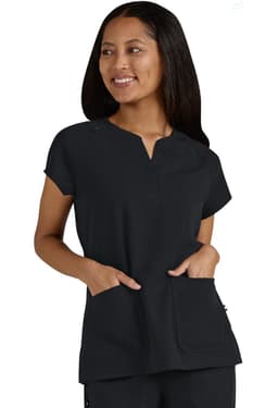 A black medical scrub top featuring a short sleeve design and two front pockets. The top has a simple collar.