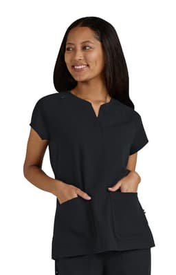 A black top with short sleeves and a V-neck design, featuring two front pockets and a logo.