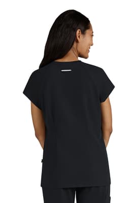 A black medical top with short sleeves and a back detail, featuring a logo.