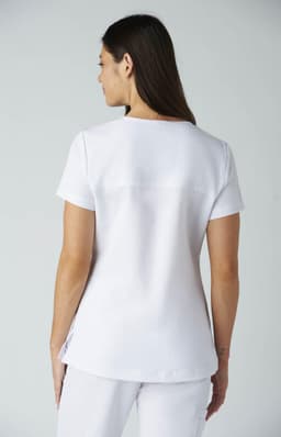 A white Sari Top with short sleeves, featuring a simple design and a subtle logo on the back.