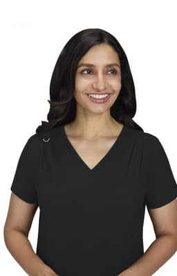 A black Sari Top with a V-neck and short sleeves, featuring a decorative detail on one shoulder.
