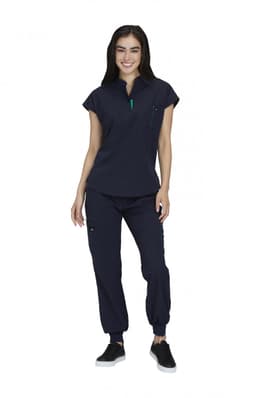 A navy blue medical uniform set featuring a short-sleeve top and cuffed trousers, paired with black shoes.
