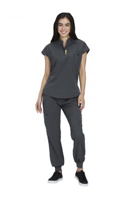 A grey women's scrubs set featuring a short-sleeve top with a pocket and matching pants. Includes a logo.