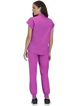 A woman's outfit featuring a short-sleeved top and matching pants in bright pink. The model is shown from the back.