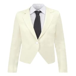A cream Ilenia Waist Jacket displayed with an attached shirt and black tie. The jacket features a single button.