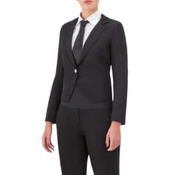 A black waist jacket is presented on a model, paired with a white shirt and a black tie. The jacket has a branded logo.