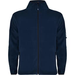 A navy fleece jacket with a zip-up front and two side pockets, featuring a logo on one sleeve.