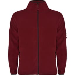 A maroon fleece jacket featuring a high collar and zippered pockets, with branding on the sleeve.