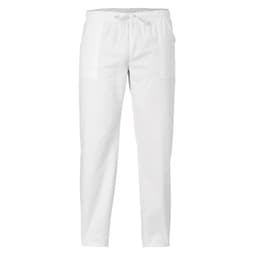 White pants with an elastic waist and pockets, featuring a simple design. The product has a logo on it.