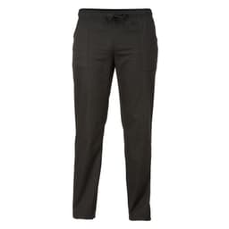 A pair of black, casual pants with an elastic waistband and side pockets, featuring a logo.