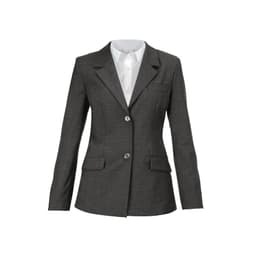 A dark grey women's jacket featuring a tailored design, single-breasted buttons, and a white collared shirt underneath.