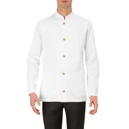 A white jacket with a stand-up collar and gold buttons, featuring two front pockets, worn by a person.