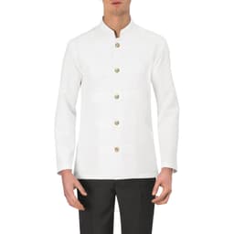 A white Pier Jacket with a high collar and gold-buttoned front, designed for a tailored fit.