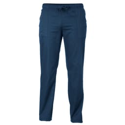Navy blue pants with a drawstring waistband and two front pockets. The product features a logo.