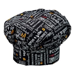A black chef hat with various white and coloured text patterns. It features a round top and a wide band.