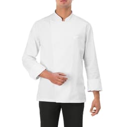 A white chef jacket with a mandarin collar and long sleeves, featuring a single front pocket.