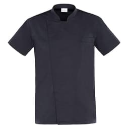 A short-sleeved jacket in black with a stylish crossover design and a chest pocket. It features a logo.