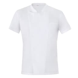A short-sleeved white chef jacket with a pocket and a stand collar, featuring a logo on the front.
