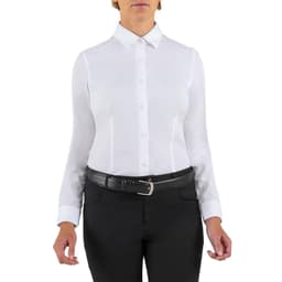 A white long sleeve shirt with a collar, featuring buttons and a black belt.