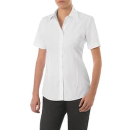 A white short sleeve shirt with a collared neckline, featuring a fitted design. The shirt includes a brand logo.