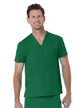 A green unisex V-neck top featuring short sleeves and a chest pocket, modelled by a man.