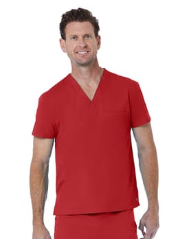 A red unisex V-neck top with short sleeves, featuring a pocket, worn by a smiling model.