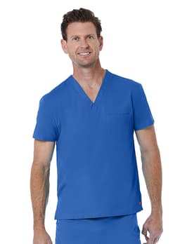 A unisex v-neck top in bright blue, featuring short sleeves and a chest pocket. Includes branding on the shirt.