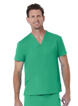 A green unisex V-neck top featuring short sleeves and a pocket on the front. The model is smiling and standing.