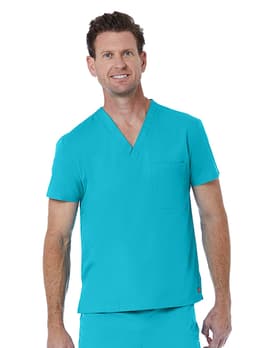 A unisex v-neck top in a vibrant turquoise blue, featuring short sleeves and a chest pocket. The top has a logo.