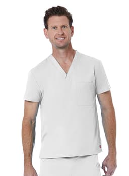 A unisex V-neck top in light grey featuring a front pocket and short sleeves, with a branding logo.