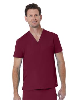 A unisex V-neck top in burgundy with short sleeves and a chest pocket, featuring a branding logo.