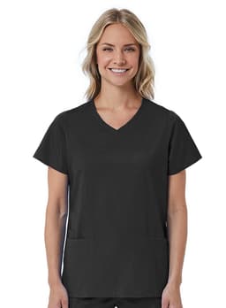 A women's mock wrap top in black, featuring short sleeves and a V-neck design with two front pockets.